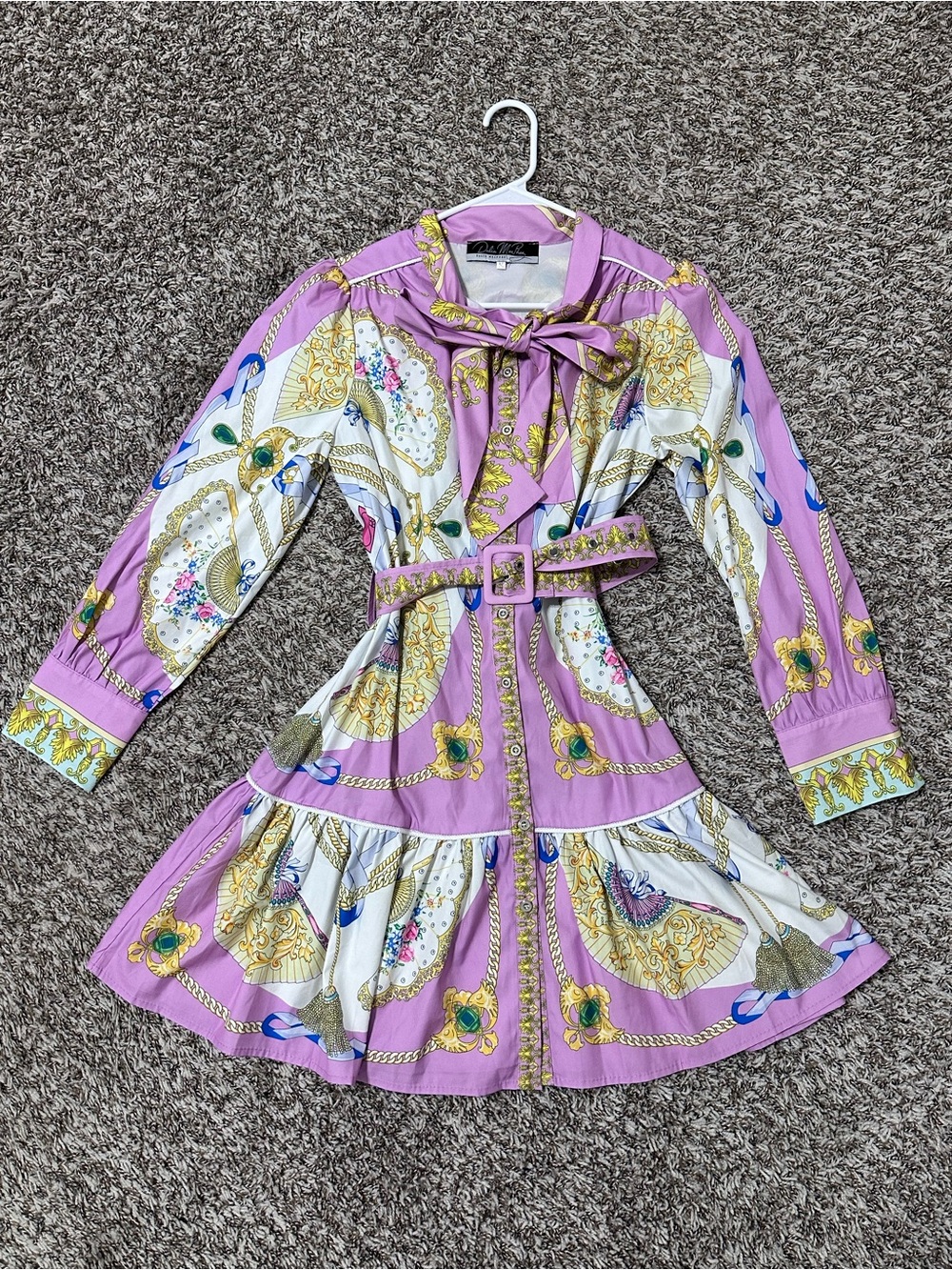 Lavender Printed Long Sleeve Tie-Neck Belted Dress
